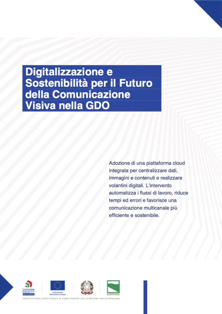Poster del progetto “Digitalizzazione e Sostenibilità per il Futuro della Comunicazione Visiva nella GDO”, cofinanziato dall’Unione europea nell’ambito del programma FESR della Regione Emilia-Romagna